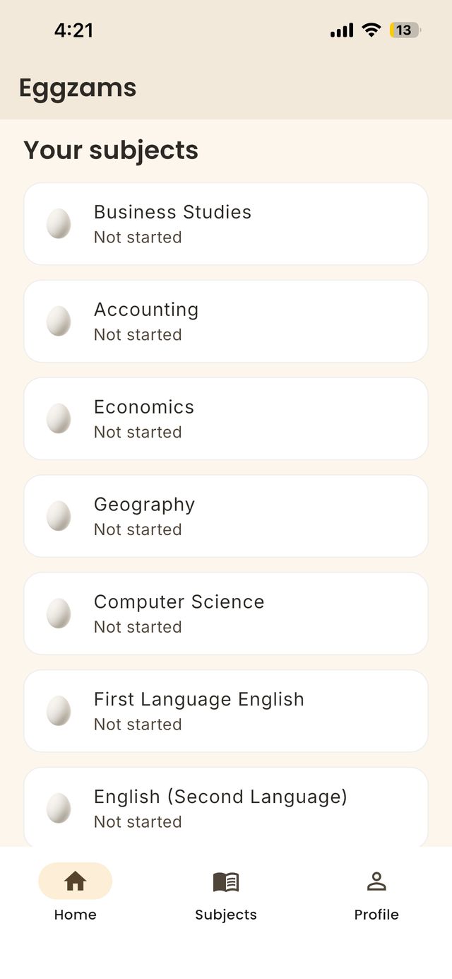 Eggzams home screen listing the student's subjects