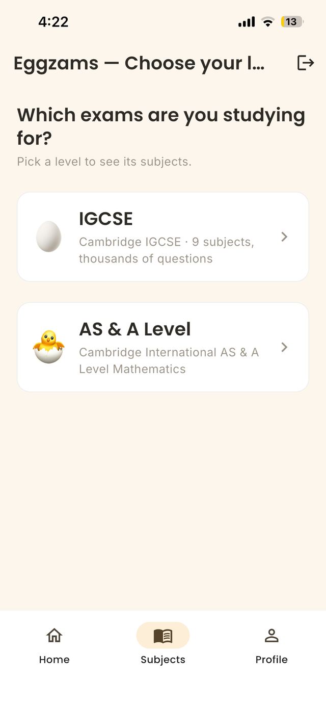 Screen asking which exams you are studying for, with IGCSE and AS & A Level options