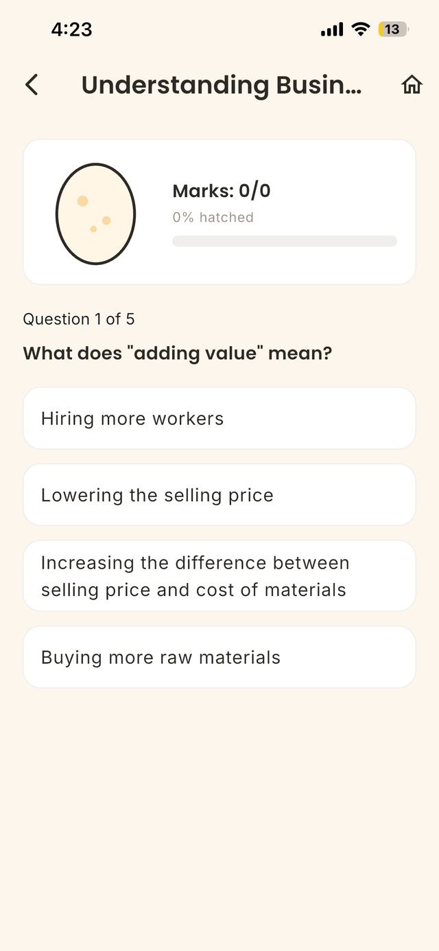 A multiple choice question in Eggzams with the hatching-egg progress indicator