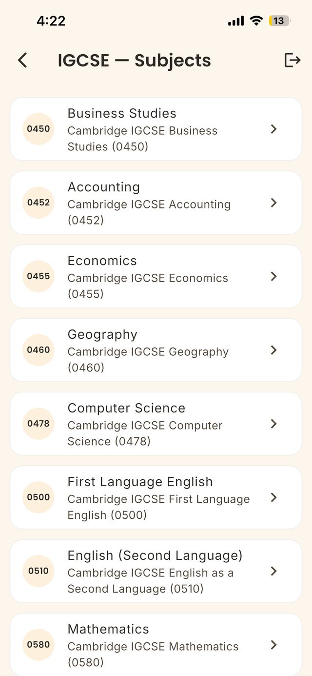 Subjects list with exam-board syllabus codes